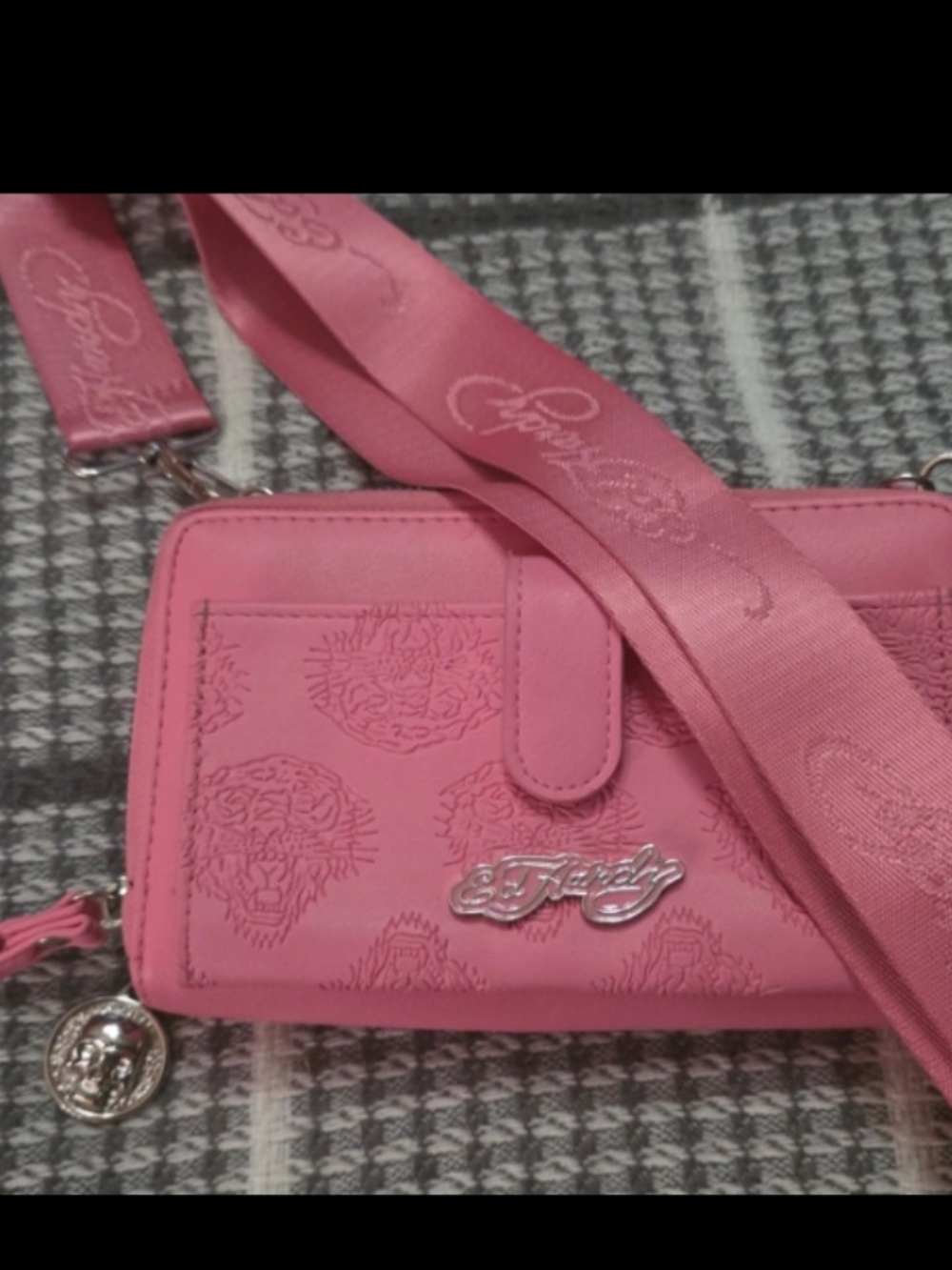 Ed Hardy Pink Embossed Crossbody Wallet Bag with Branded Strap